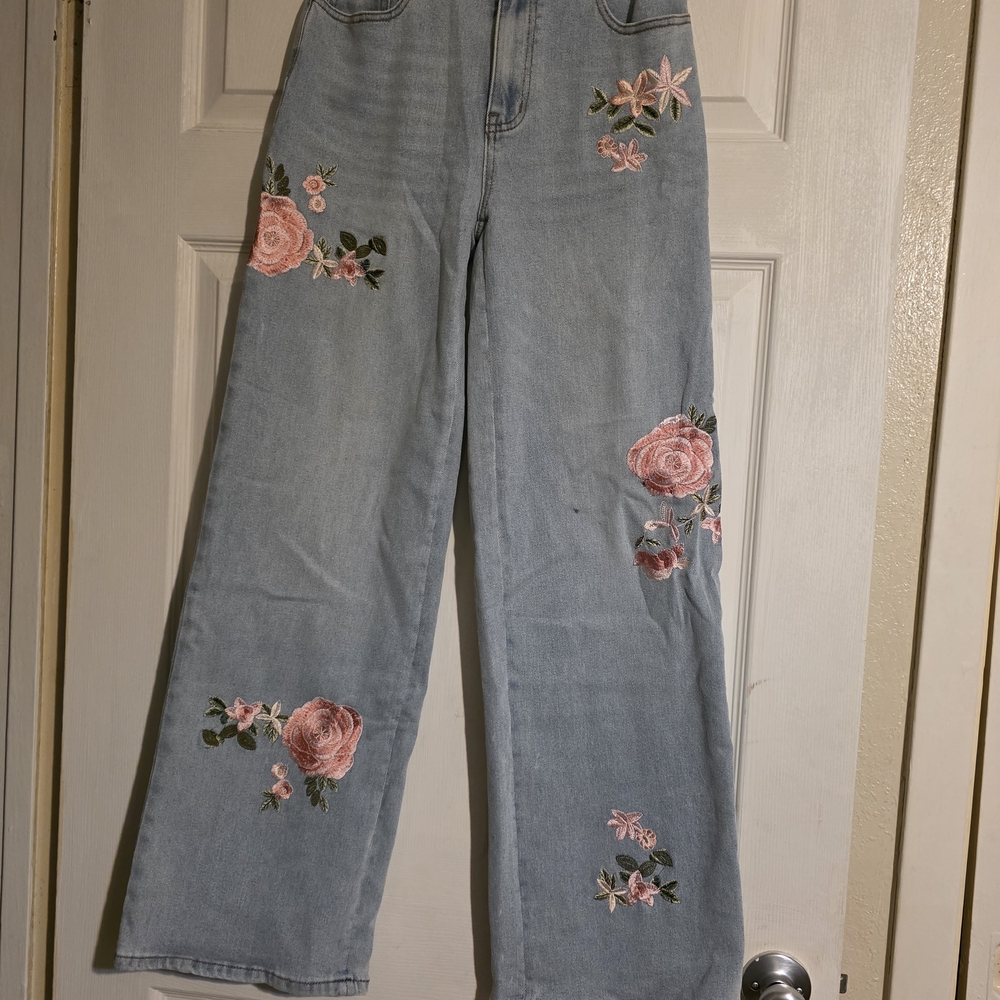 Fashion Nova Light Blue Floral Embroidered Jeans